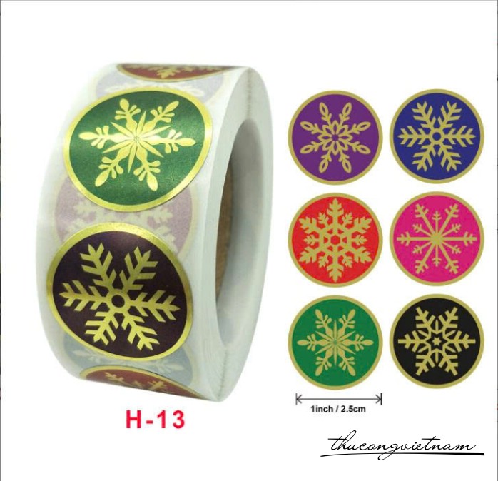 Sticker tròn Giáng Sinh nhũ ánh kim (500 tem)- Bông tuyết mix màu